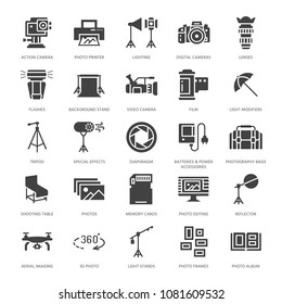 Photography equipment flat glyph icons. Digital camera, lighting, video cameras, accessories, memory card. Vector illustration, signs for photo studio. Solid silhouette pixel perfect 64x64.