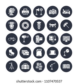 Photography equipment flat glyph icons. Digital camera, lighting, video cameras, accessories, memory card. Vector illustration, signs for photo studio. Solid silhouette pixel perfect 64x64 in circles.