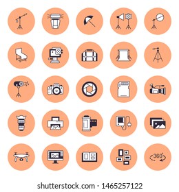 Photography equipment flat line icons. Digital camera, photos, lighting, video photo accessories, memory card, tripod lens film.