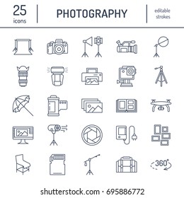 Photography equipment flat line icons. Digital camera, photos, lighting, accessories, memory card, tripod lens film. Vector illustration, signs for studio or store.