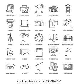Photography Equipment Flat Line Icons. Digital Camera, Lighting, Video Accessories, Memory Card, Tripod Lens Film. Vector Illustration, Signs For Photo Studio Or Store.