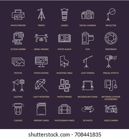 Photography equipment flat line icons. Digital camera, photos, lighting, video accessories, memory card, tripod lens film. Vector illustration, signs for studio or store.