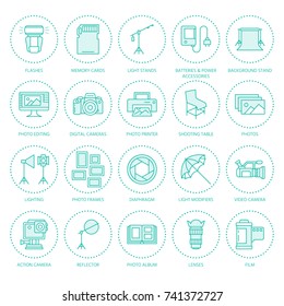 Photography equipment flat line icons. Digital camera, lighting, video, photo accessories, memory card, tripod lens film. Vector illustration, signs for studio or store.