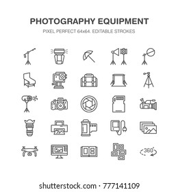 Photography equipment flat line icons. Digital camera, photos, lighting, video photo accessories, memory card, tripod lens film. Pixel perfect 64x64.