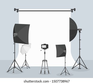 Photography equipment flat vector illustration, white background for taking picture. Different camera lenses. Professional photo studio accessories. Softbox and tripods. Photographer, cameraman tools