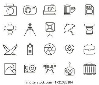 Photography Equipment Icons Black & White Thin Line Set Big