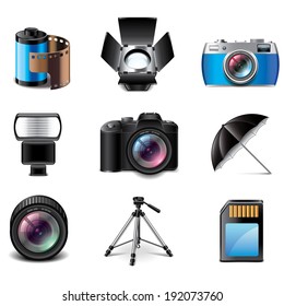 Photography equipment icons detailed photo-realistic vector set