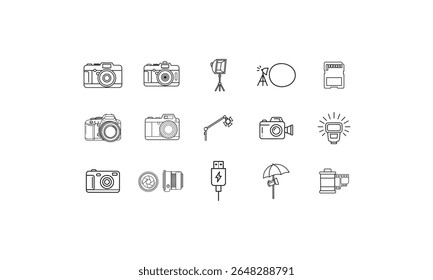 Photography equipment icons for digital imaging and film camera lens