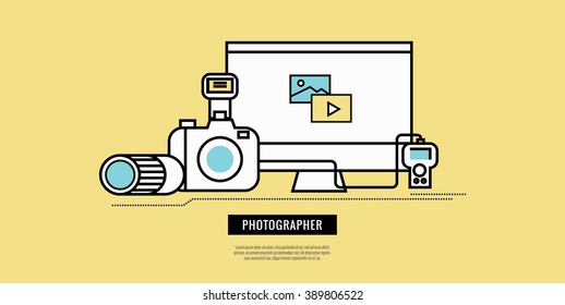 Photography equipment icons. website banner, template, poster. flat  line design. vector illustration