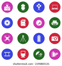 Photography Equipment Icons. White Flat Collection In Circle. Vector Illustration.