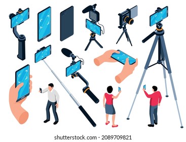 Isoometrische Fotoausrüstung für Stative und Monopoden zum Selbstdrehen mit Smartphones und Kameras, einzelne Vektorgrafik