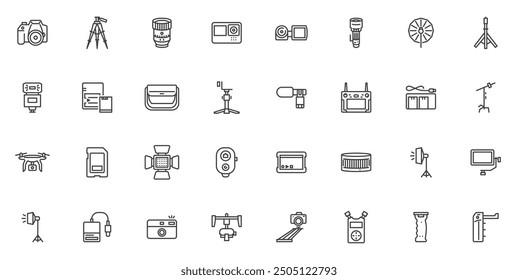 Photography equipment line icons set. linear style symbols collection, outline signs pack. Photo and video camera vector graphics. Set includes icon as Audio Video recording, DSLR Camera, Studio light