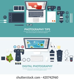 Photography equipment with photo camera on a table.Vector illustration in a flat style.Photography tools, photo editing.Digital photography art with single lens reflex photo camera.Photographer.