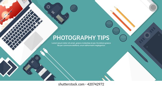 Photography equipment with photo camera on a table.Vector illustration in a flat style.Photography tools, photo editing.Digital photography art with single lens reflex photo camera.Photographer.