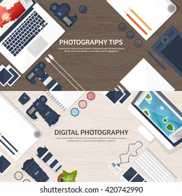 Photography equipment with photo camera on a table.Vector illustration in a flat style.Photography tools, photo editing.Digital photography art with single lens reflex photo camera.Photographer.