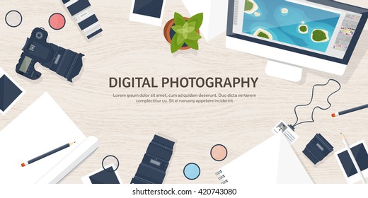 Photography equipment with photo camera on a table.Vector illustration in a flat style.Photography tools, photo editing.Digital photography art with single lens reflex photo camera.Photographer.