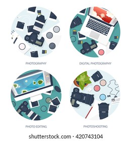 Photography equipment with photo camera on a table.Vector illustration in a flat style.Photography tools, photo editing.Digital photography art with single lens reflex photo camera.Photographer.