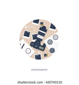 Photography equipment with photo camera on a table.Vector illustration in a flat style.Photography tools, photo editing.Digital photography art with single lens reflex photo camera.Photographer.