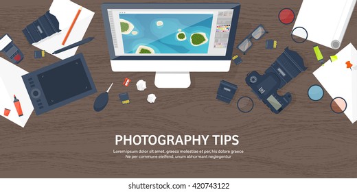 Photography equipment with photo camera on a table.Vector illustration in a flat style.Photography tools, photo editing.Digital photography art with single lens reflex photo camera.Photographer.