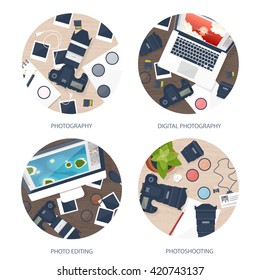 Photography equipment with photo camera on a table.Vector illustration in a flat style.Photography tools, photo editing.Digital photography art with single lens reflex photo camera.Photographer.