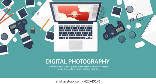 Photography equipment with photo camera on a table.Vector illustration in a flat style.Photography tools, photo editing.Digital photography art with single lens reflex photo camera.Photographer.