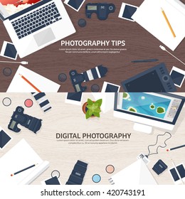 Photography equipment with photo camera on a table.Vector illustration in a flat style.Photography tools, photo editing.Digital photography art with single lens reflex photo camera.Photographer.