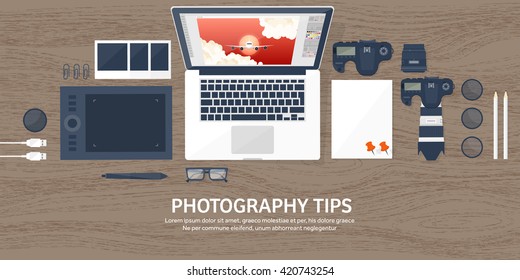 Photography equipment with photo camera on a table.Vector illustration in a flat style.Photography tools, photo editing.Digital photography art with single lens reflex photo camera.Photographer.