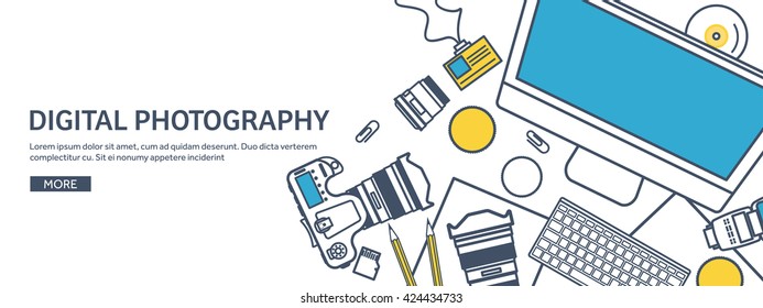 Photography equipment with photo camera on a table.Line art.Stroke lines.Vector illustration in flat outline style.Photography tools, photo editing.Digital photography with single lens photo camera.