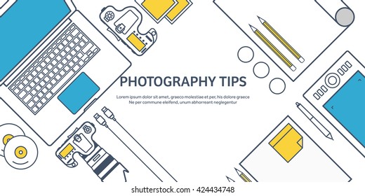 Photography equipment with photo camera on a table.Line art.Stroke lines.Vector illustration in flat outline style.Photography tools, photo editing.Digital photography with single lens photo camera.