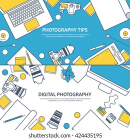 Photography equipment with photo camera on a table.Line art.Stroke lines.Vector illustration in flat outline style.Photography tools, photo editing.Digital photography with single lens photo camera.