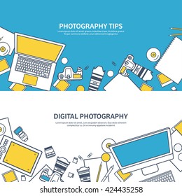 Photography equipment with photo camera on a table.Line art.Stroke lines.Vector illustration in flat outline style.Photography tools, photo editing.Digital photography with single lens photo camera.