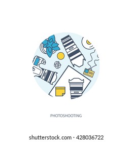 Photography equipment with photo camera on a table.Line art.Stroke lines.Vector illustration in flat outline style.Photography tools, photo editing.Digital photography with single lens photo camera.