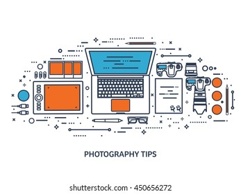 Photography equipment with photo camera on a table.Line art.Stroke lines.Vector illustration in flat outline style.Photography tools, photo editing.Digital photography with single lens photo camera.