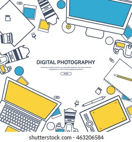 Photography equipment with photo camera on a table.Line art.Stroke lines.Vector illustration in flat outline style.Photography tools, photo editing.Digital photography with single lens photo camera.