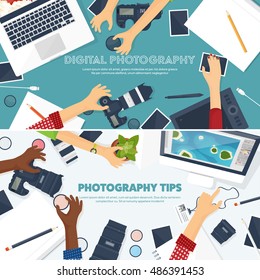 Photography equipment with photo camera on a table.Vector illustration in a flat style.Photography tools, photo editing.Digital photography art with single lens reflex photo camera.Photographer.Hands