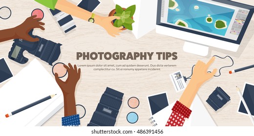 Photography equipment with photo camera on a table.Vector illustration in a flat style.Photography tools, photo editing.Digital photography art with single lens reflex photo camera.Photographer.Hands