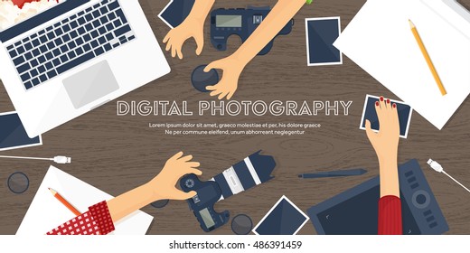 Photography equipment with photo camera on a table.Vector illustration in a flat style.Photography tools, photo editing.Digital photography art with single lens reflex photo camera.Photographer.Hands