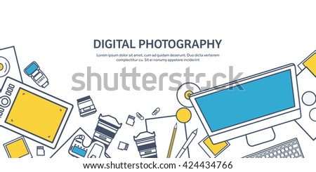 Photography equipment with photo camera on a table.Line art.Stroke lines.Vector illustration in flat outline style.Photography tools, photo editing.Digital photography with single lens photo camera.