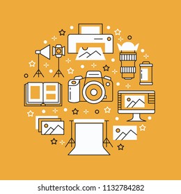 Photography equipment poster with flat line icons. Digital camera, photos, lighting, video cameras, photo accessories memory card, tripod. Vector circle illustration, concept for photostudio brochure.