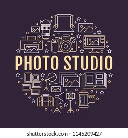 Photography equipment poster with flat line icons. Vector circle illustration, concept for photostudio brochure. Digital camera, photos, lighting video cameras, photo accessories memory card, film.