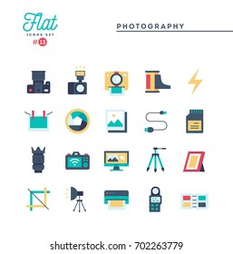 Photography, equipment, post-production, printing and more, flat icons set, vector illustration