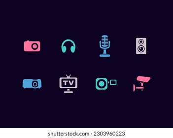 Photography equipment vector icon set. Photo accessories and electronic devices.