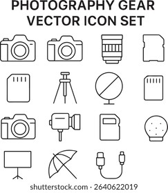 Photography Equipment Vector Icon Set – Camera, Lens, Tripod, Lighting and Accessories

