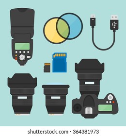 Photography equipments set of vector illustration, design elements in flat style, photo camera top view, flash for camera, memory card, camera lens, usb cable, optical filters