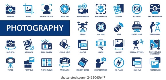 Photography flat icons set. Photo, photographer, picture, selfie, camera icons and more signs. Flat icon collection.