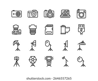 Photography Gear Vector Icon Set – DSLR Camera, Digital Camera, Lens, Filmstrip, SD Card, Tripod, Studio Flash, Reflector, Lightbox, Umbrella, Diffuser, Camera Cable, Memory Card