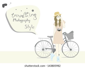 photography geek girl traveling with bicycle vector
