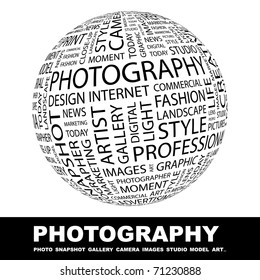 PHOTOGRAPHY. Globe with different association terms. Wordcloud vector illustration.