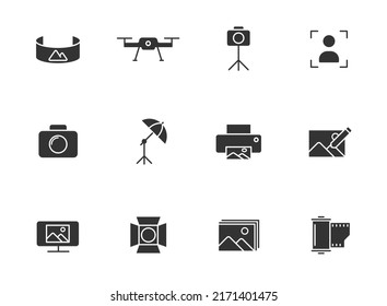 photography glyph icons isolated on white background. photography glyph icon set for web, mobile apps, ui design, print polygraphy and promo advertising business
