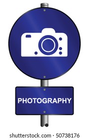 Photography graphic and text sign mounted on post